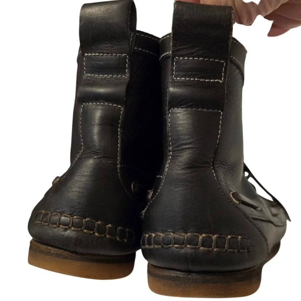 Vintage Hand Sewn Moccasin Boots Mens Black Leather‎ Made in Portugal Gum Soles